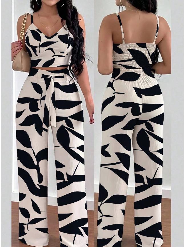

2025 Spaghetti Strap Top & High Waist Wide Leg Pants Set for Women Small абрикосовый