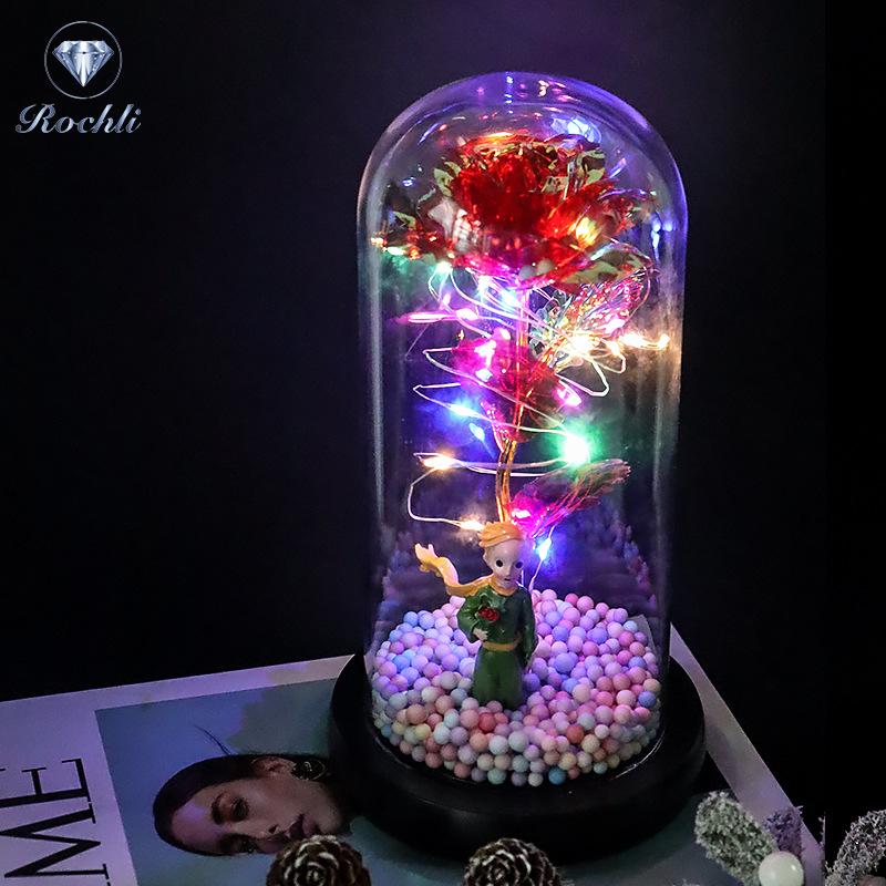 Rose Flower Preserved in Glass Dome with Night Light - Mother's Day or Birthday Gift Ornament