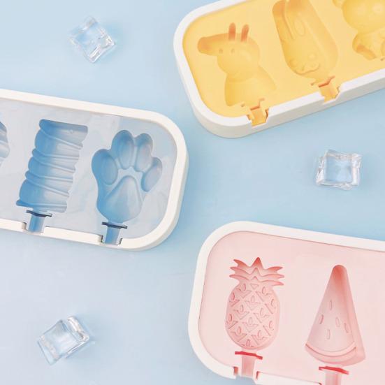 Silicone Ice Cream Mold with Anti-Spill Dust-Proof Cover 4 Cavities Cute Shapes Popsicle Mold Easy Demoulding Popsicle Maker for Kids Summer Party
