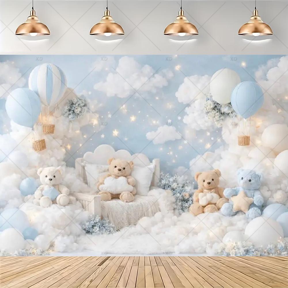 Teddy Bear Hot Air Balloon Backdrop Banner Newborn 1st Birthday Party Decoration Background Baby Shower Photography Studio Props