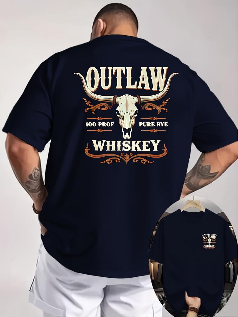 Western Outlaw Whiskey Stierschädel Grafik T-Shirt für Unisex Atmungsaktiv 100% Baumwolle Perfekt für Sommer Streetwear und Retro Cowboy-Vibe
