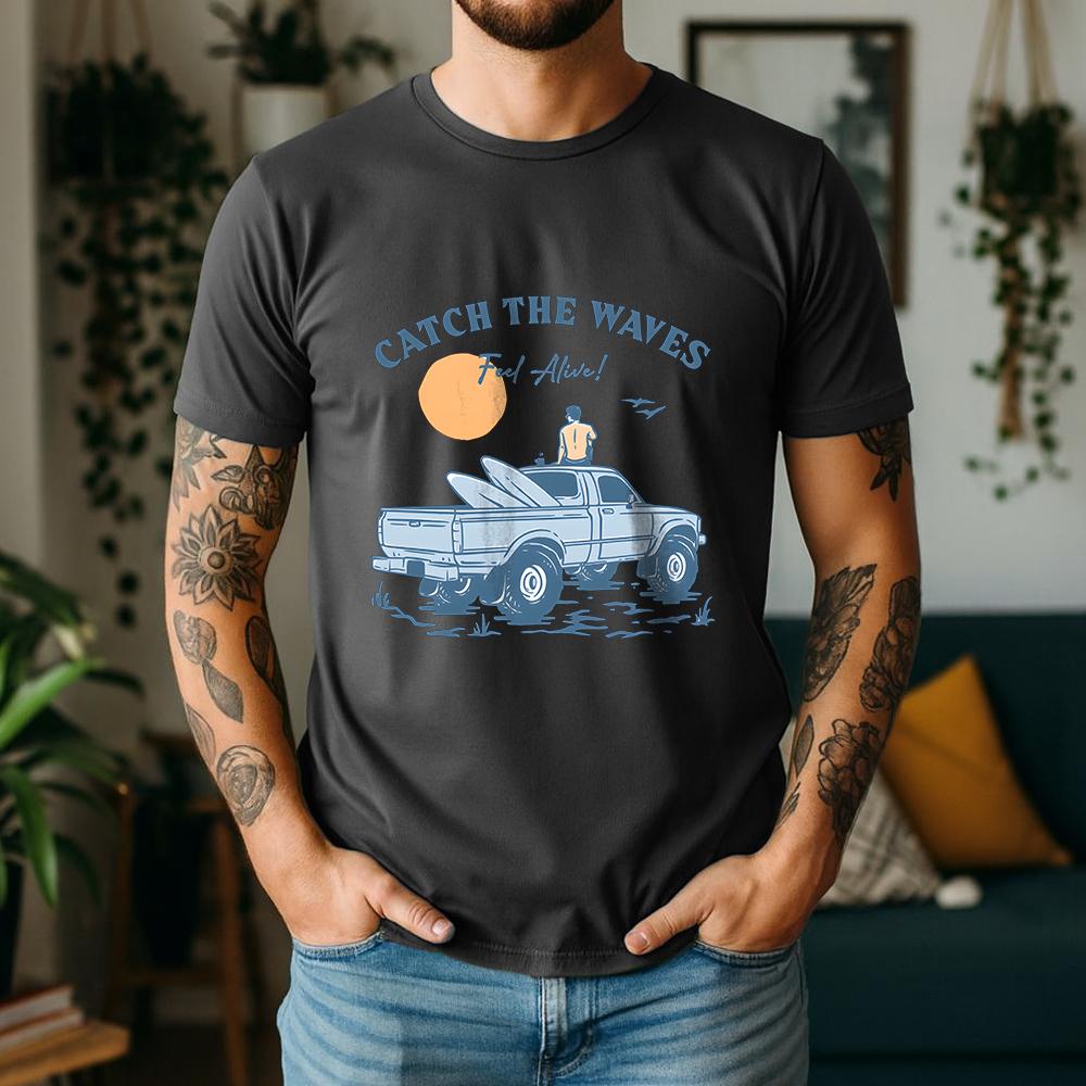 2026 Summer 100 Cotton Catch The Waves Graphic Oversized Tee Surf Pickup Summer Casual Themed Short Sleeve