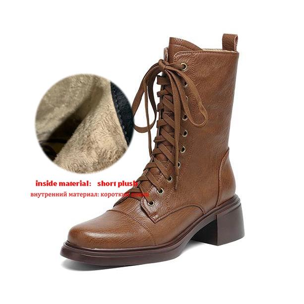 

Krazing Pot Cow Skin Round Toe Thick Heels Motorcycle Boots Size 42 Lace Up Women Keep Warm Mid-calf Boots 42