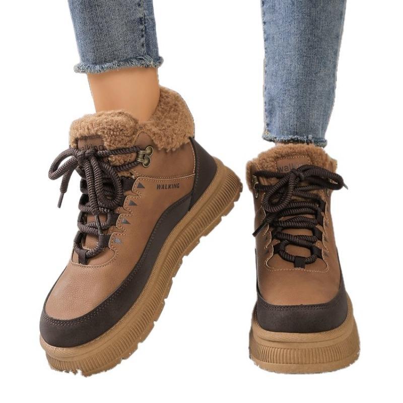 Pantofi unici de modă cu vârf rotund, toc muffin, curea încrucișată, pluș scurt transfrontalieri, noi de toamnă și iarnă, pantofi de bumbac călduroși cu top înalt