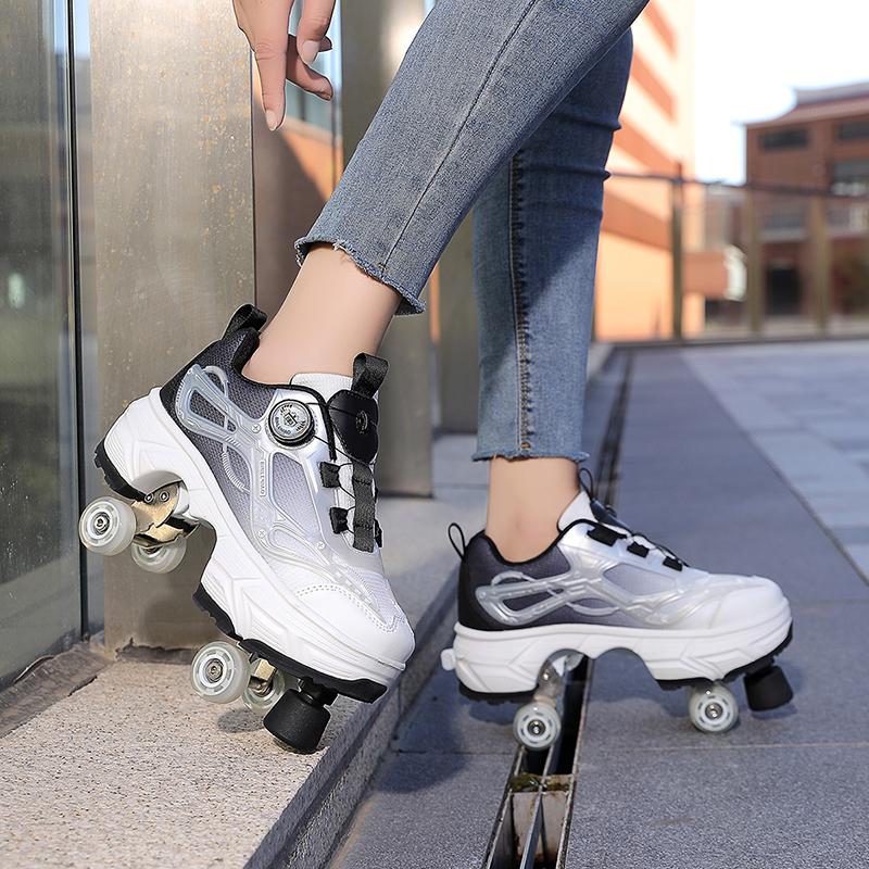 35-44 Boys/ Mens Skate Shoes Walking Shoes  Four-wheeled Roller Skates for Women One-button Retractable Adult Double-row Deformation Shoes