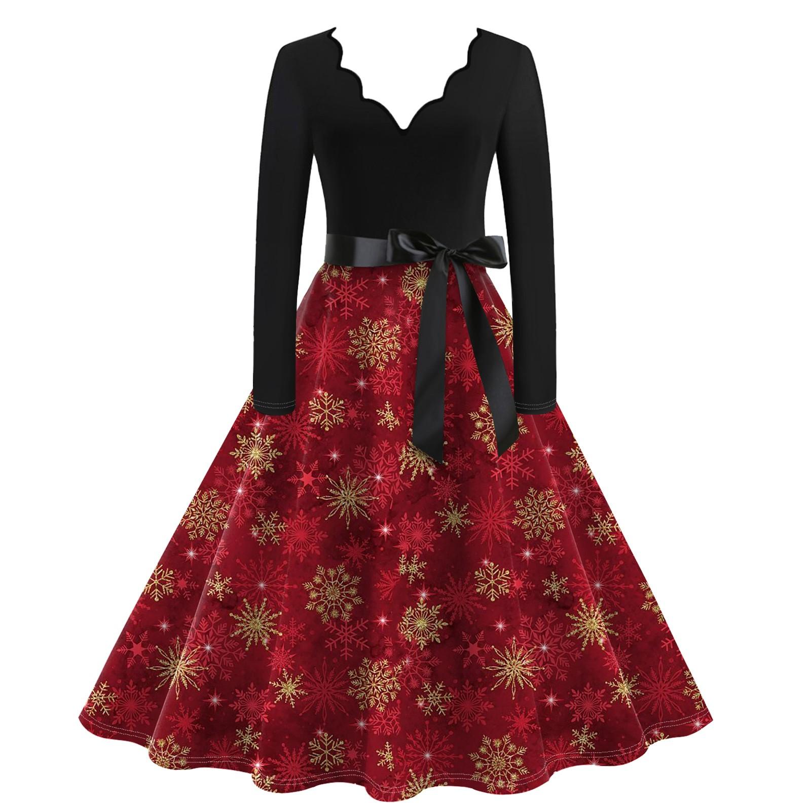 

Женское повседневное модное винтажное платье с V-образным вырезом и длинным рукавом с рождественским принтом XXXXXL винный