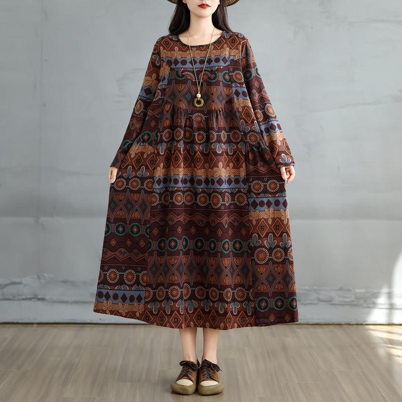Dimanaf 2025 Women Plus Size Spring Long Dress Loose Basic Printing Vintage Casual Floral Oversize Long Sleeve Maxi