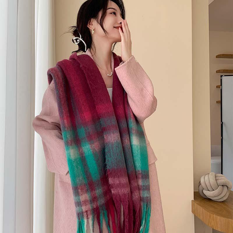 Winter New Scarf Women's Winter Thickened Warm Scarf Colored Plaid Fringed Scarf Shawl Fashionable Outer Cover