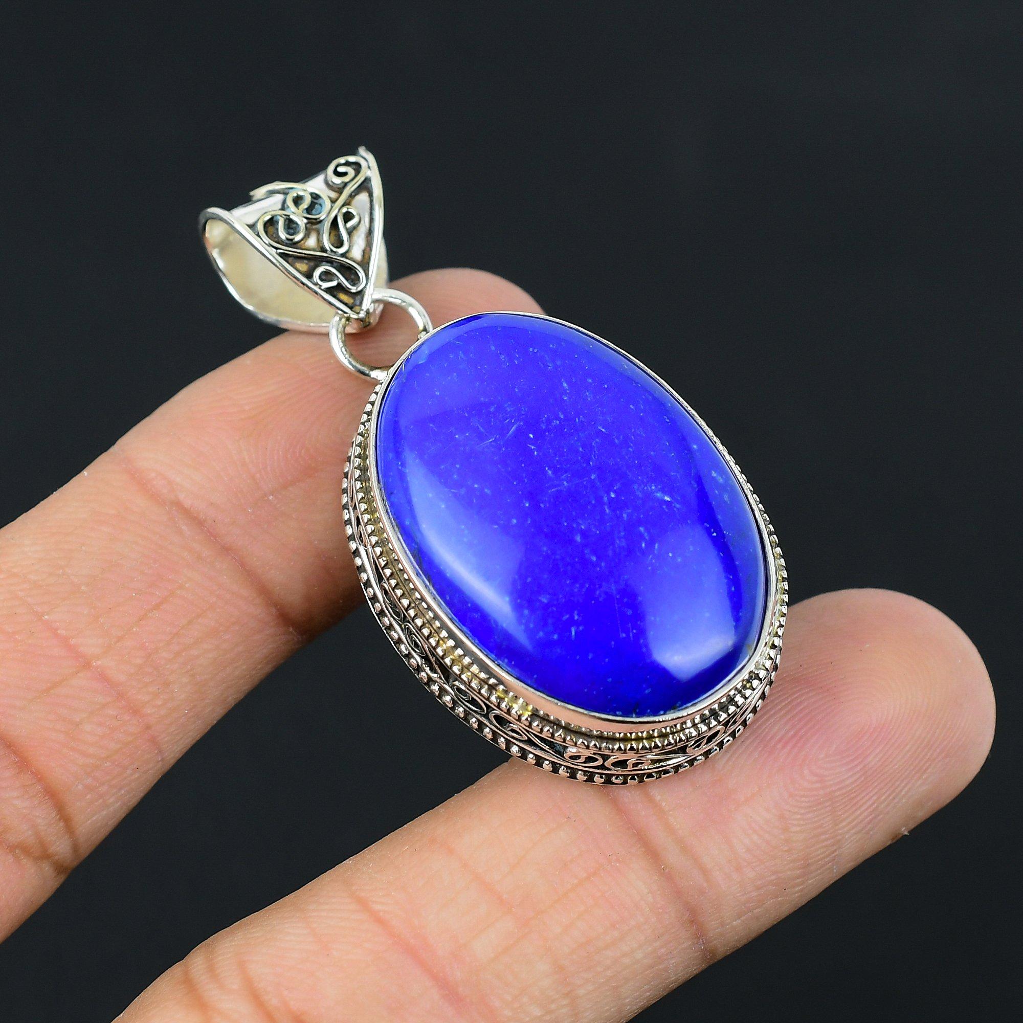 

Daughters Day Sale Sterling Silver Oval Natural Blue Onyx Ethnic Pendant Jewelry
