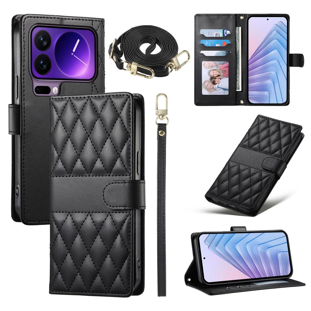 For Xiaomi 17 Pro Wallet Case Rhombus Stitching Stand Leather Phone Cover with Long/Short Strap