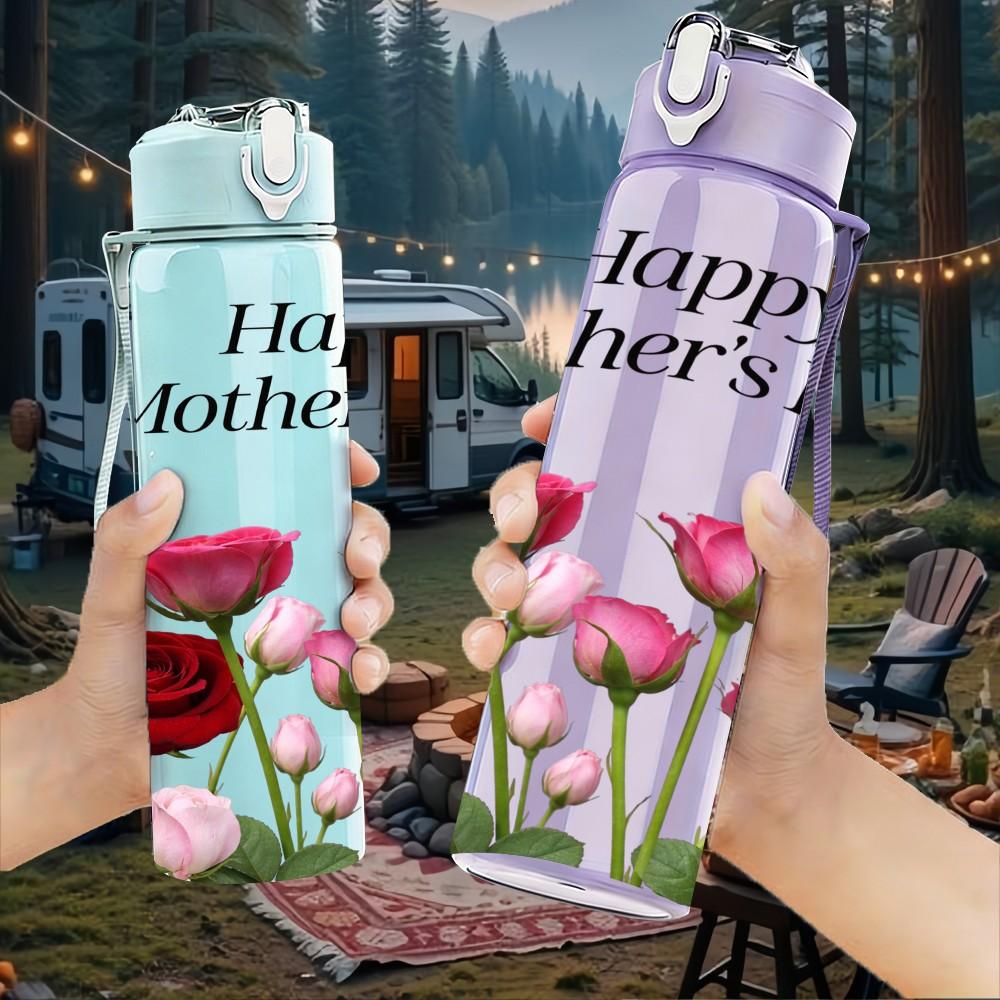 1PC Happy Mothers Day Red Rose Print 750ml Color Plastic Sports Water Bottle Leakproof Flip Straw Lid Suitable for Sports Office Home Use