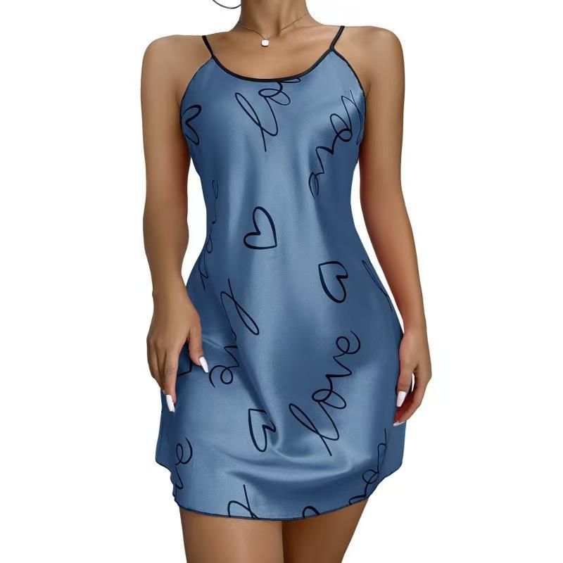 Damen Sommer Seide Ärmelloses Nachthemd - Sexy Eis Seide Druck Kurz Slip