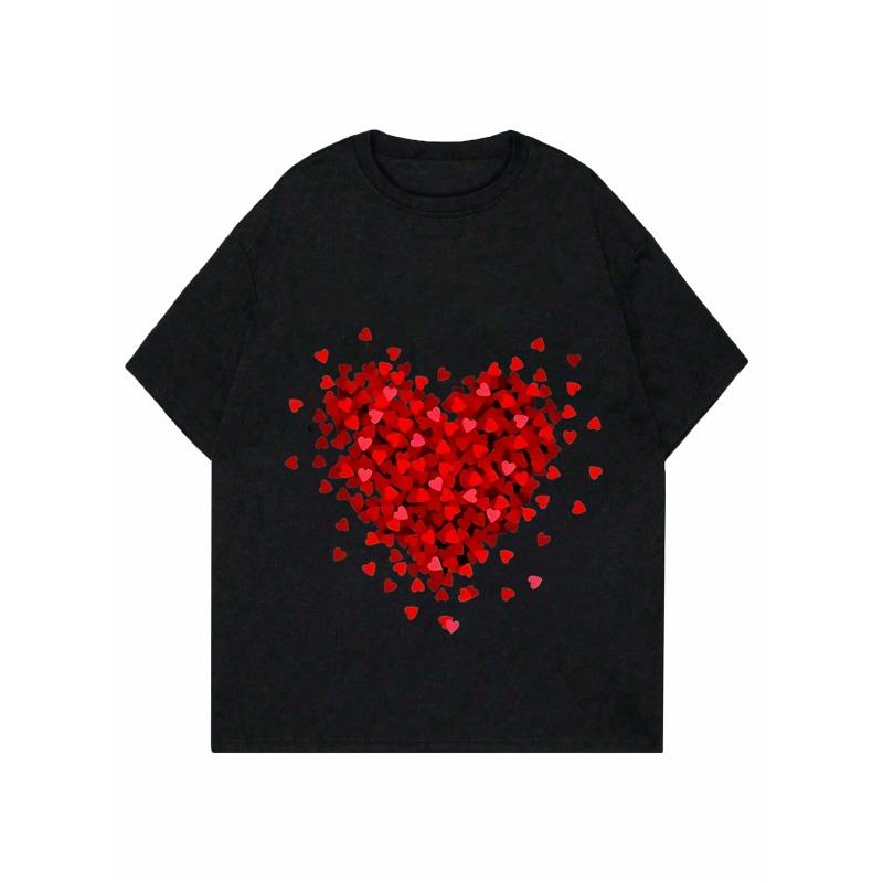 Women Loose T Shirt Black Heart Print Valentine Day Casual Top