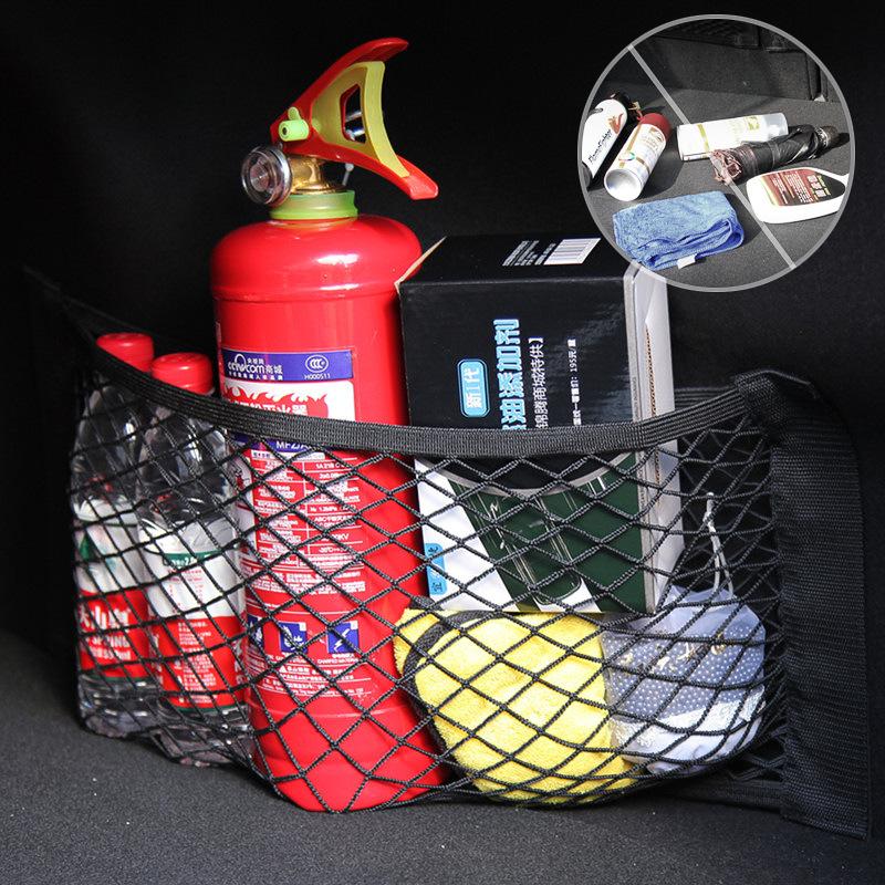 Car Trunk Mesh Back Seat Elastic Cage Auto Seat Back Storage Net Fixed Straps Extinguisher Storage Net Bag Car Trunk Organizer
