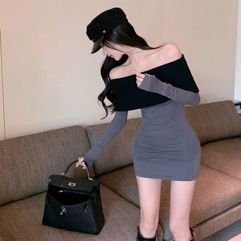 French sexy babes one-word shoulder long-sleeved dress women's spring new slim and thin niche hip-wrapped short skirt