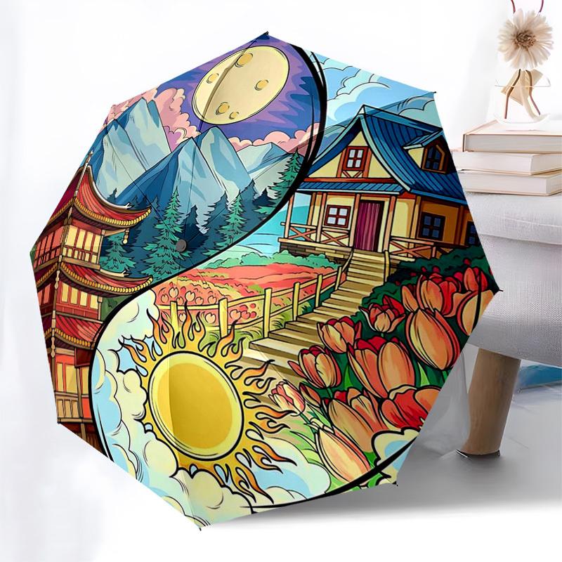 

1pc Yin Yang Design Automatic Opening/Closing Umbrella - Portable Tri-Fold Design with 8-Bone Iron Frame, Outdoor, Festive Gift for Fans, Travelers, D