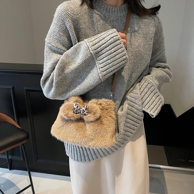 Cute Girls Bow Knot Plush Handbag Korean Ladies Winter Soft Fluffy Shoulder Bag With Top Handle Faux Fur White Crossbody Bag