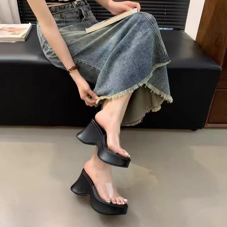 sponge cake thick bottom slope heel cool slippers women's summer wear fashion 2025 new high-end fairy wind transparent one-word drag