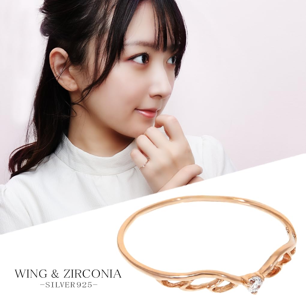 [Shinjuku Gin No Kura] Wing Zirconia Pink Gold Color Silver 925 Ring, Size 11, Women's, Wing Feather Motif, Thin