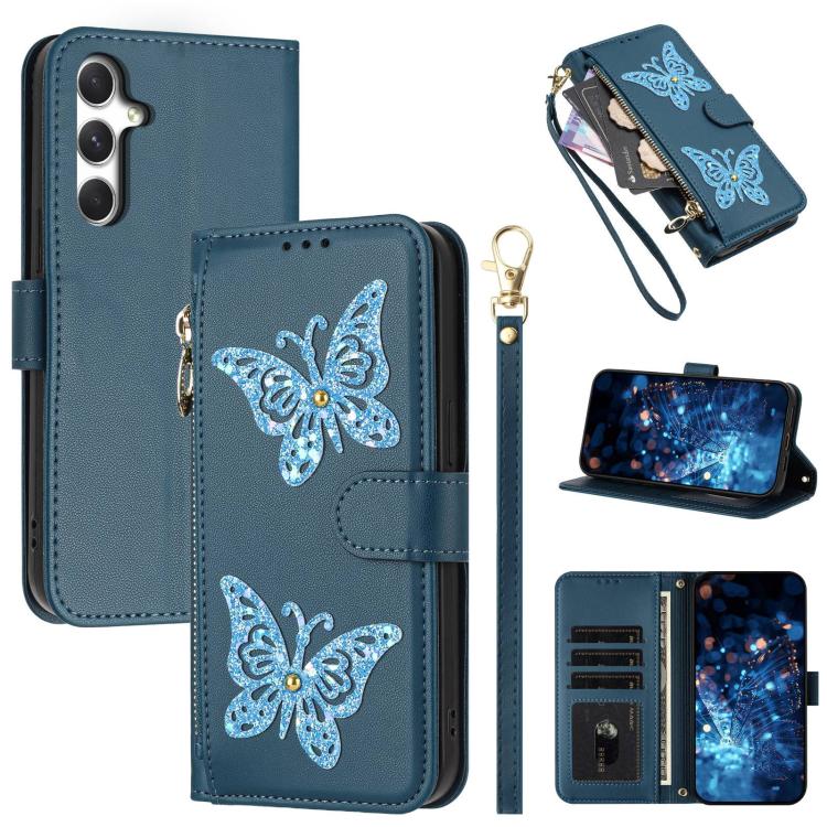 Glitzer Schmetterling Reißverschluss Veganes Leder Handyhülle Für Galaxy A07 4G / A06 5G / A06 4G, Kartenhalter Handgelenkschlaufe Stoßfeste Hülle