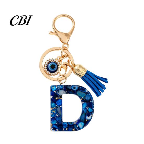 Portable Key Organizer Blue Series Keychain Pendant, Initial Letter Charm Chain with Eyes Tassel Design, A-Z Holder for Bags Backpacks Cars