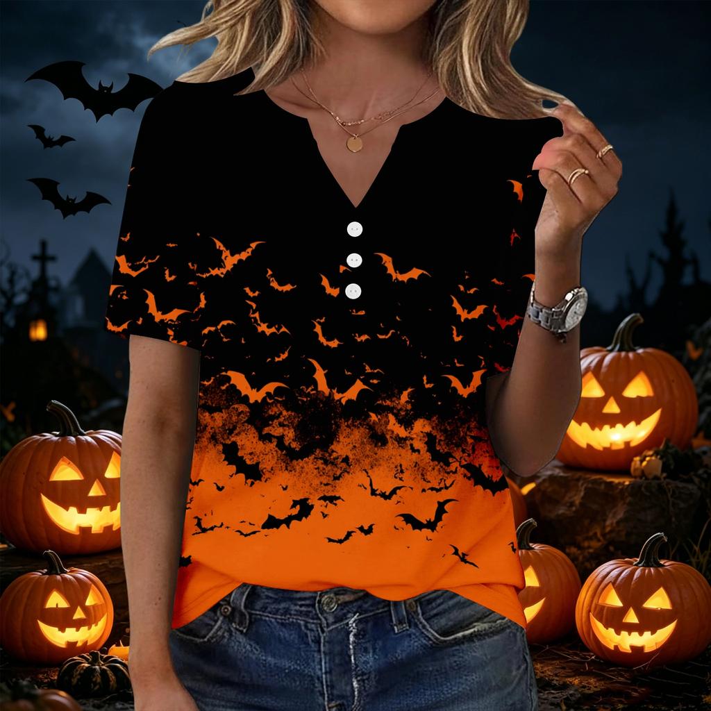 Women Casual V Neck Button Front Halloween Print T Shirt Top Three Quarter Sleeve Lightweight Soft Fabric Relaxed Fit