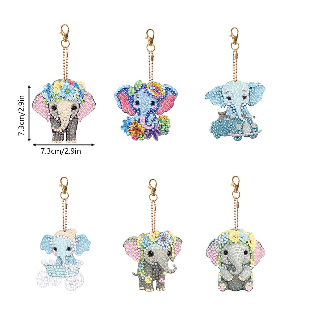6PCS Diamond Art Keyring Baby Elephant Double Sided Rhinestone Painting Keychain Pendant Calf for Adult  Purse Handbag Decor
