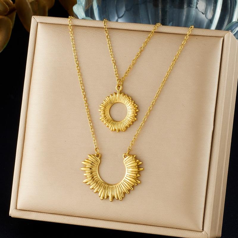 Gold Plated Stainless Steel Layered Sunburst Pendant Necklace for Women
