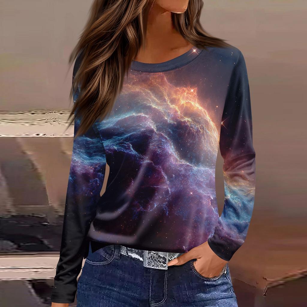 Women's Fashion Casual Slit Hem Round Neck Long Sleeve Loose Printed T,Shirt Ladies Top