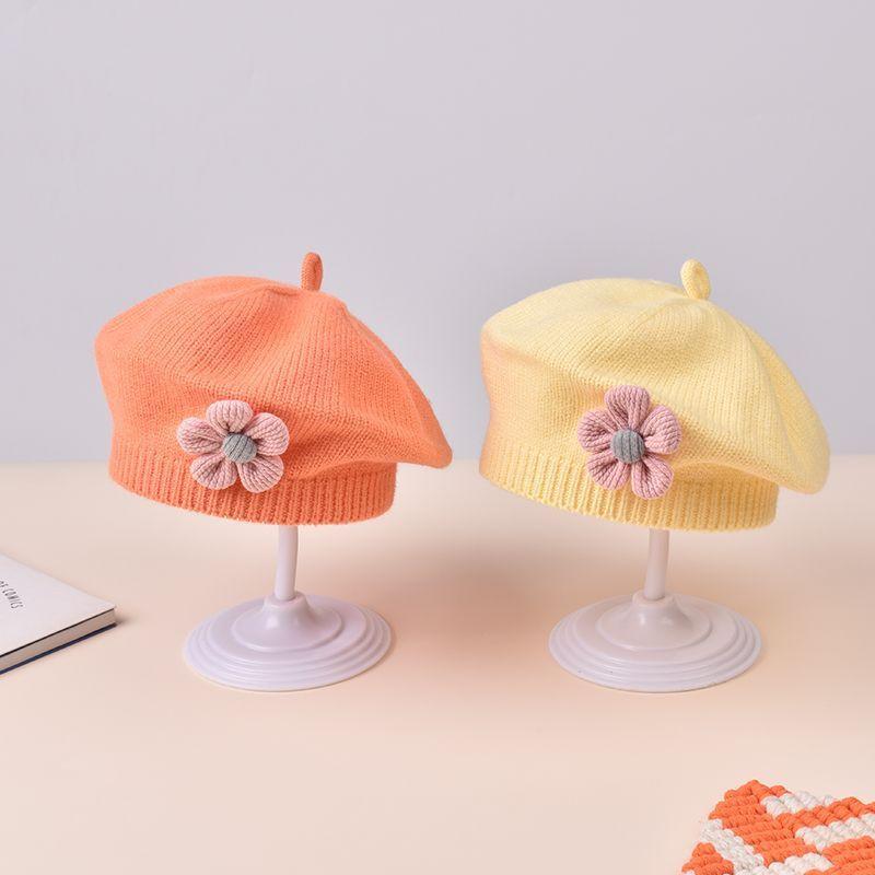 Winter Baby Girls Knitted Flower Bell Hat Cotton Sun Protection Windproof Multi Color Infant Beret for Toddler