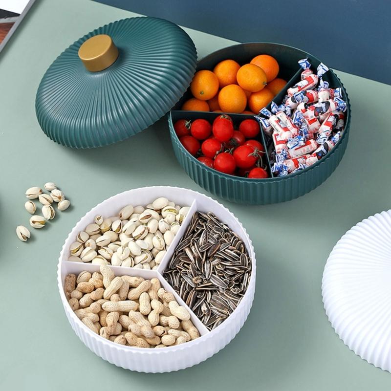 Snack Serving Tray with Lid Fruit Serving Container Compartment Round Appetizer Tray Divided Plastics Food Storage Plate