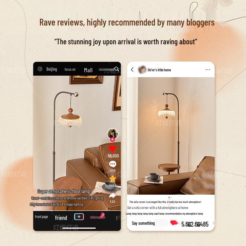 High-End Walnut Teardrop Floor Lamp with Side Table and Storage Rack