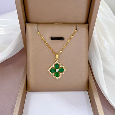 Titanium Steel Light Luxury Full Diamond Micro-Inlaid Zircon Luxury Four-Leaf Flower Necklace Copper Electroplated Real Gold Pendant