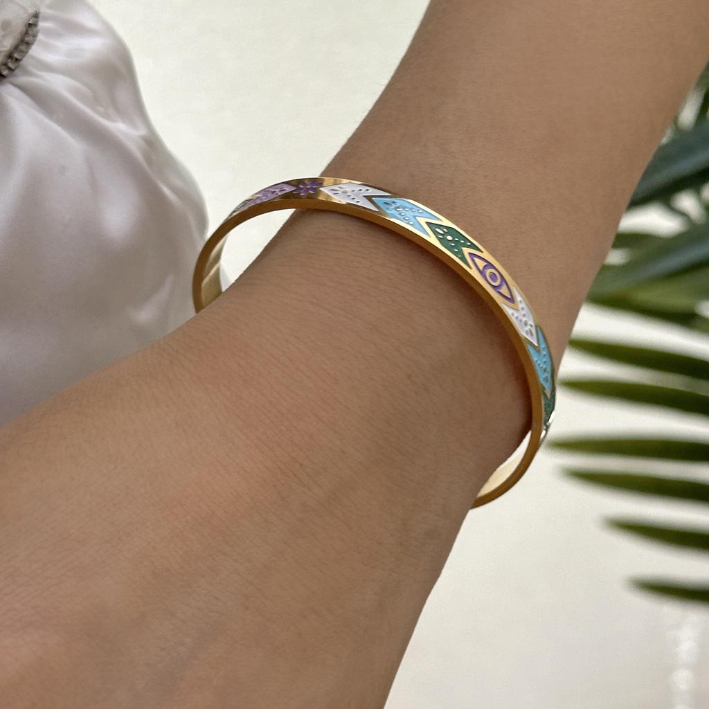 Exaggerated Colorful Painted Eye Pattern Bracelet for Women Unique Drip Paint Stainless Steel Bangle Friendship Jewelry Gifts