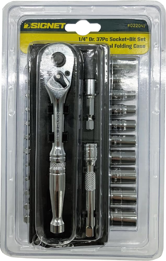 SIGNET Compact Storage Square Socket Bit Set with Ratchet Ideal for and Car Roll Choice 22041 1/4" Handle, 37-Piece Set, DIY, Bicycles, Tools,