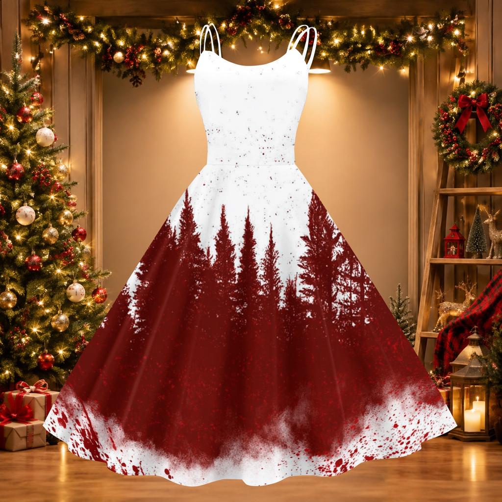 Women's Sexy Off-Shoulder Vintage Christmas Print Dress for Holiday Party