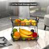 2 Tier Fruit Storage Basket Kitchen Countertop Organizer with Wooden Handle Mesh Carbon Steel Bowl for Bread Vegetable