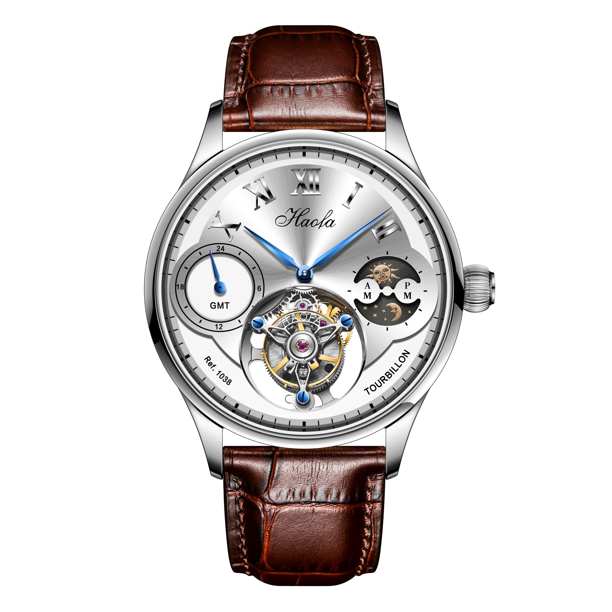 

HAOFA Watch Tourbillon Mechanical Day and Night GMT Genuine Leather Strap Stylish Waterproof Luxury Watch Popular Gift for Men Men s Men s