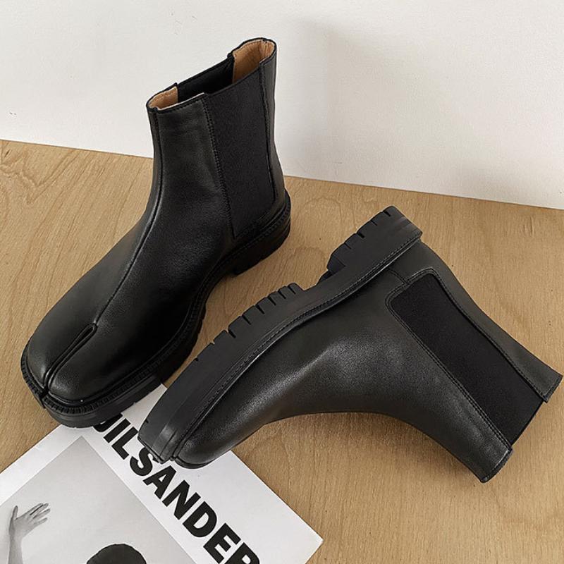 Genuine leather Split-toed Boots Mid-tube Chelsea Boots Men's and Women's Couples High-top Set of Split-toed Leather Shoes