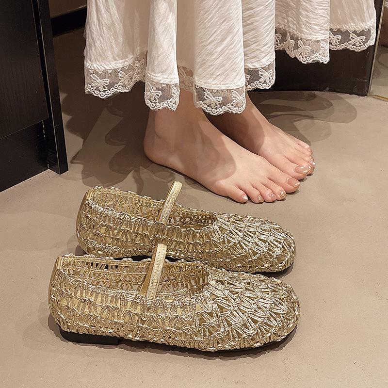 2025 summer new retro woven hollow word belt Mary Jane shoes femininity round head flat bottom shallow mouth single shoes