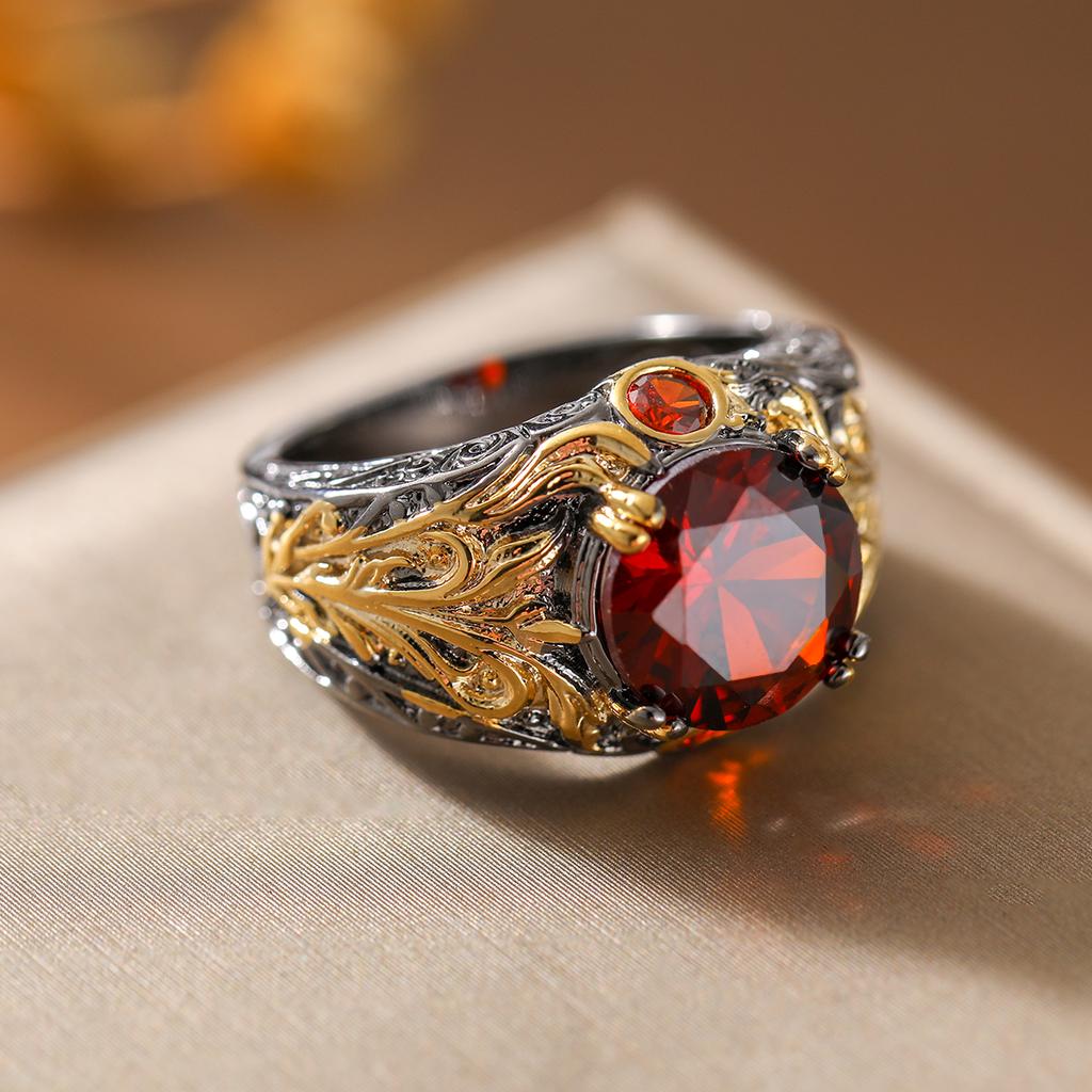 Anello squisito e lussuoso con gemma sintetica rossa - anello bicolore vintage creativo da donna come regalo per gioielli
