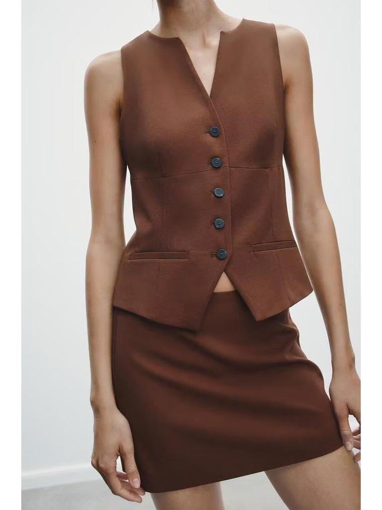 2025 Spring V-Neck Sleeveless Vest Top + A-Line Midi Skirt: European & American Style