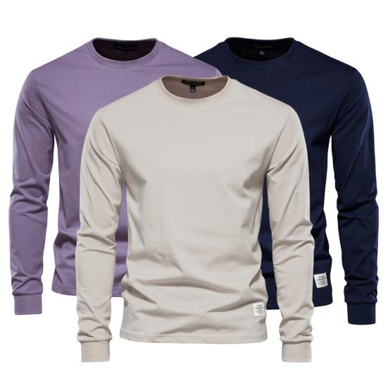 Men Tops Solid Color Cotton Pullover Comfortable Anti-pilling Crew Neck Elastic Cuff