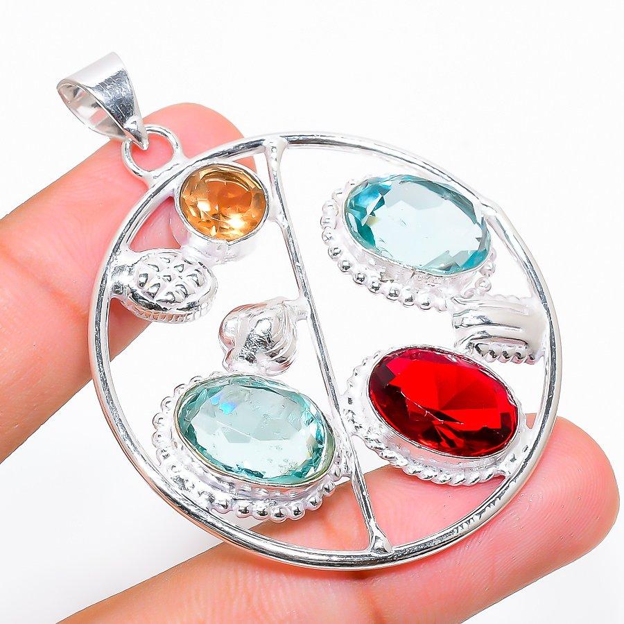 

Natural Mozambique Garnet, Blue Topaz 925 Sterling Silver Pendant 2.25 N3r72