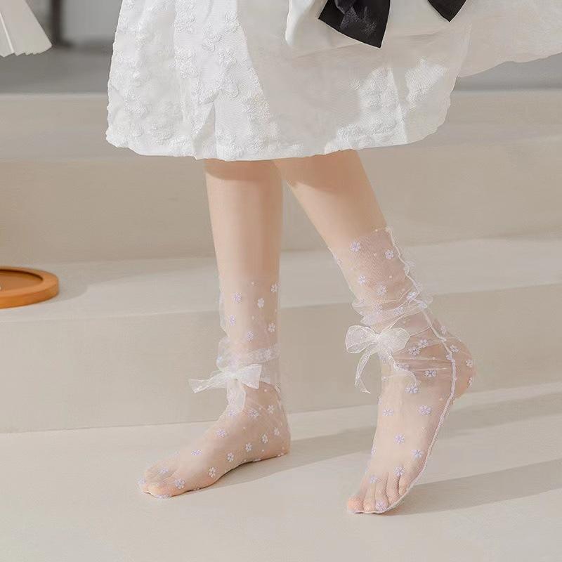 Summer Fairy Socks Yarn With Bow Mesh Socks Japanese Mesh Thin Stack Socks Flower Stockings Woman