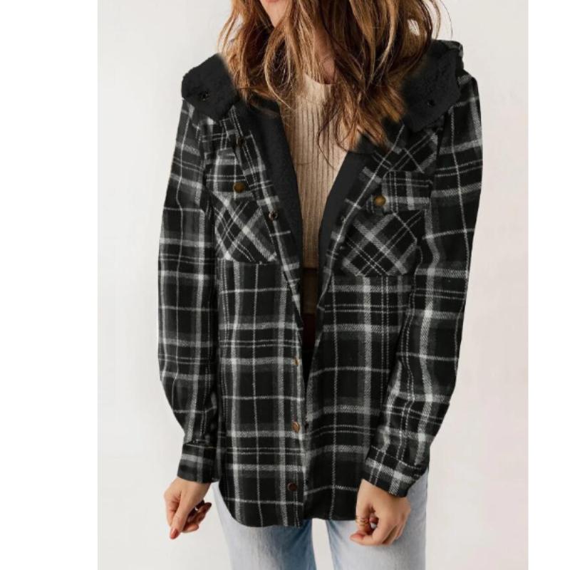 Women's Plaid Fashion Fleece Coats Winter Warm Hooded Fleece Jackets  Casual Outwear Large Size Loose Comfortable Coat