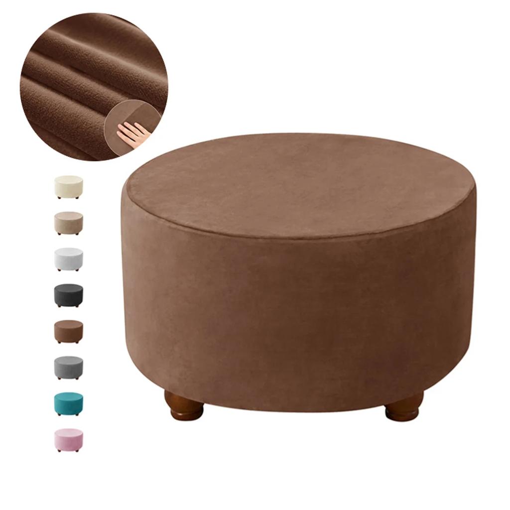 Velvet Round Ottoman Stool Cover Elastic Sofa Footrest Cover Washable All-Inclusive Footstool Seat Slipcover Furniture Protector