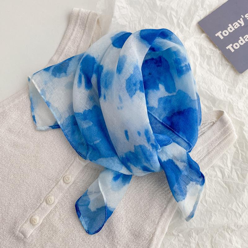 Flax small square scarf silk scarf women's headscarf neck protection scarf imitation blue dye handmade tie-dye scarf Yunnan yarn scarf thin scarf