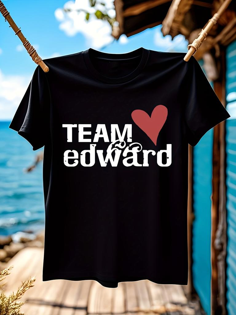 Team Edward Grafik-T-Shirt - Schwarzes Rundhals-T-Shirt mit rotem Herz-Design