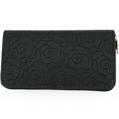Lulu&berry Large Long Wallet for Men and Women, Round Zipper, Camellia Pattern, Black